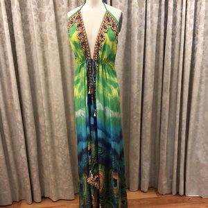 Asa kaftans silk beach coverup rhinestone tassel peacock feather print high low